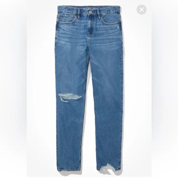 American Eagle Blue 90’s Straight Leg Jeans with Distressed Details Size 25 NWT - Picture 2 of 15